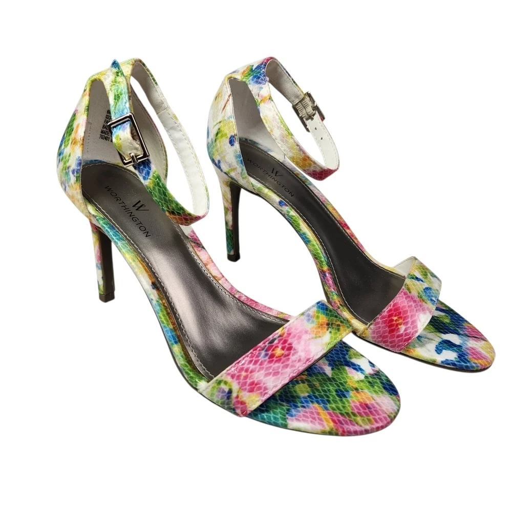 Worthington Bristol Ankle Strap Sandals Heels Rainbow Multi Faux Snakeskin Sz 6